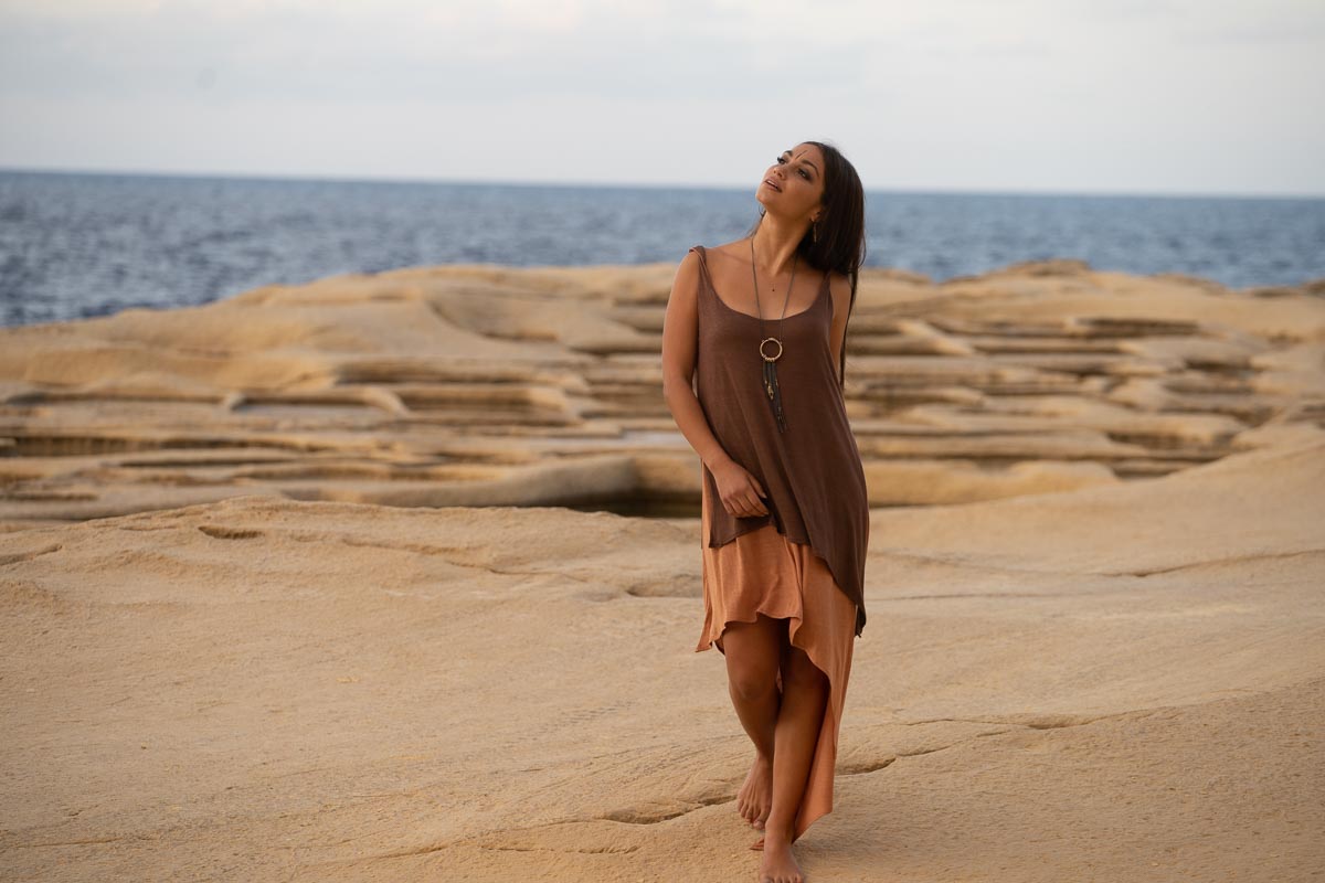 IDUNN Organic bamboo asymmetrical dress~MOCHA/AMBER