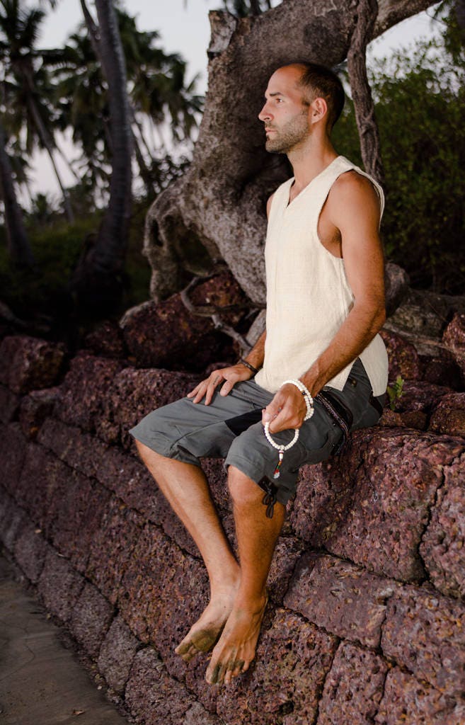 Mens Eco shirt, Hemp shirt, Mens sleeveless shirt, Mens hemp vest, Burning man shirt, Tribal mens top PIKARO