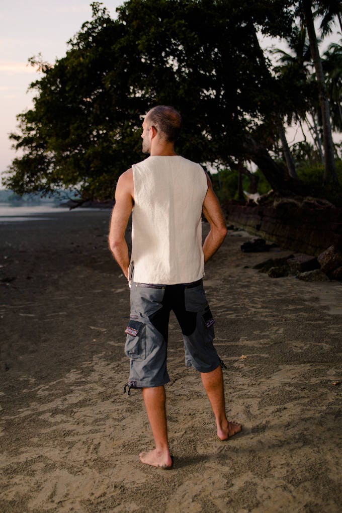 Mens Eco shirt, Hemp shirt, Mens sleeveless shirt, Mens hemp vest, Burning man shirt, Tribal mens top PIKARO