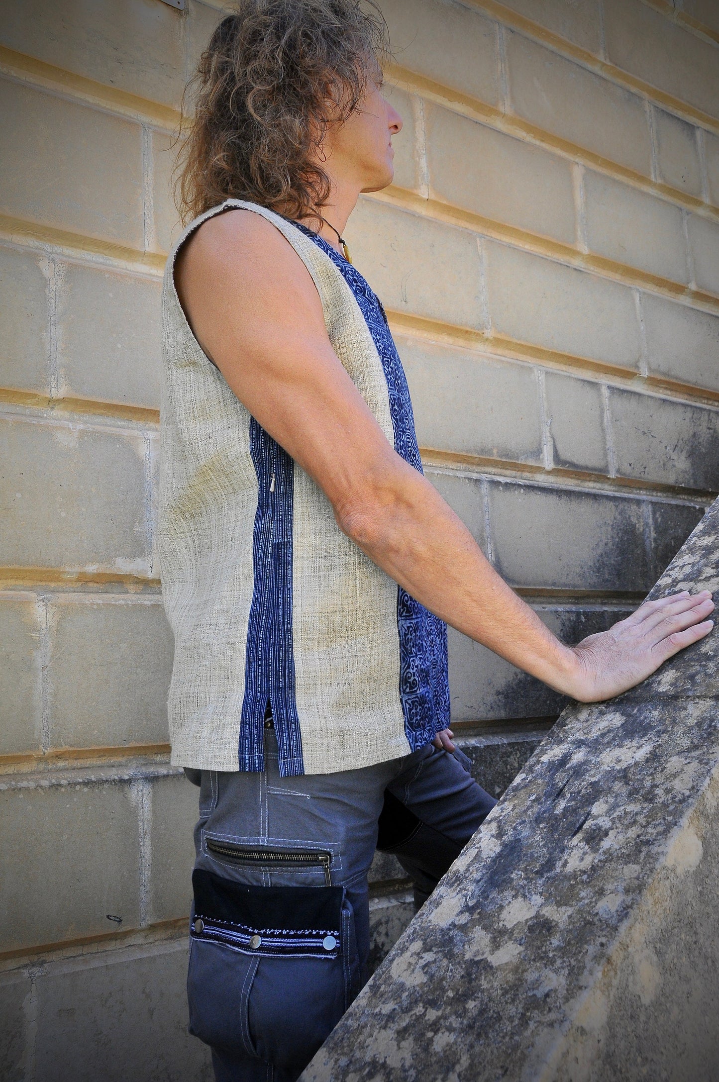 ARAGORN mens block print hemp top~Ivory sky