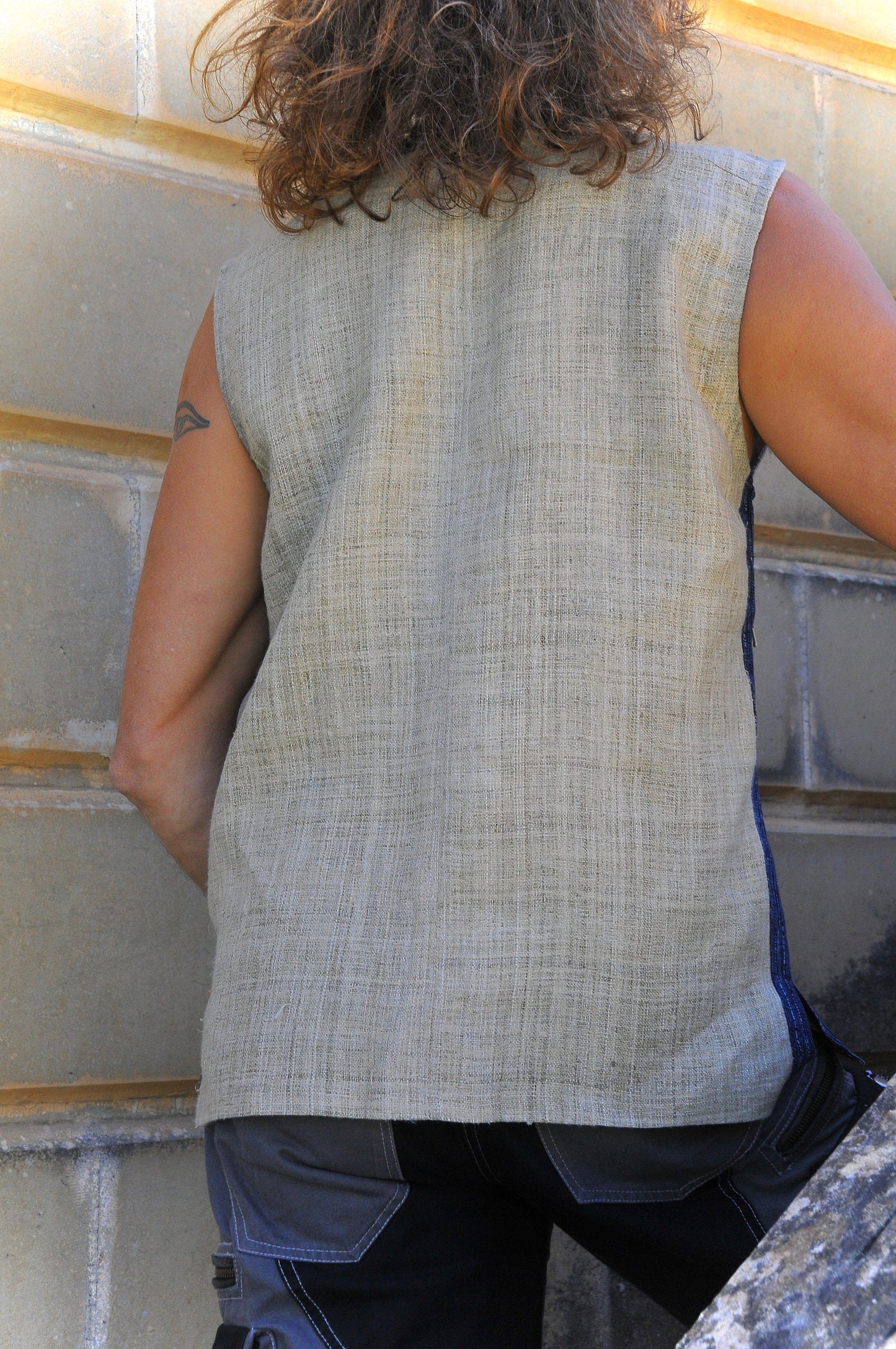 ARAGORN mens block print hemp top~Ivory sky