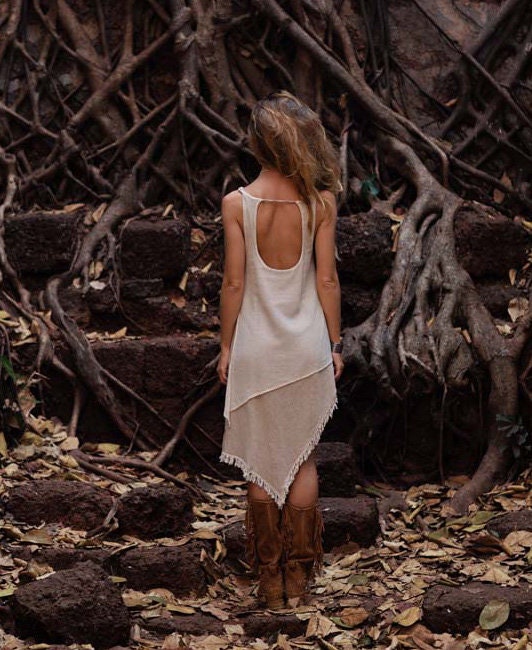 IDUNN asymmetrical, fringed net dress~jute/cotton SAND