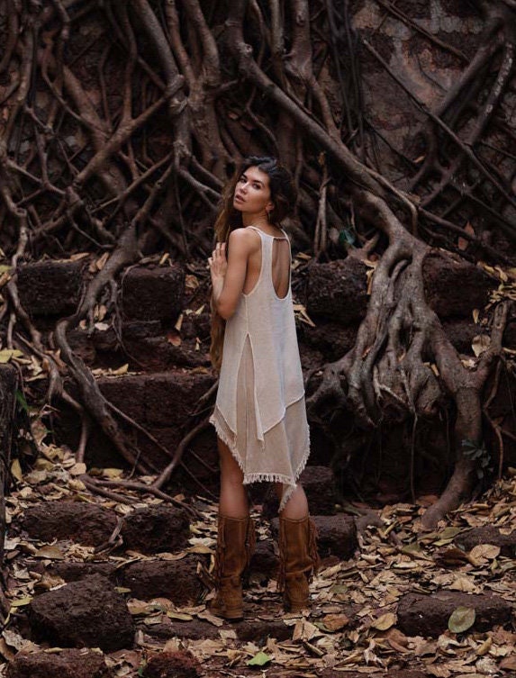 IDUNN asymmetrical, fringed net dress~jute/cotton SAND