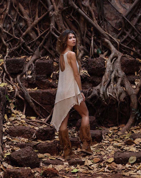 IDUNN asymmetrical, fringed net dress~jute/cotton SAND