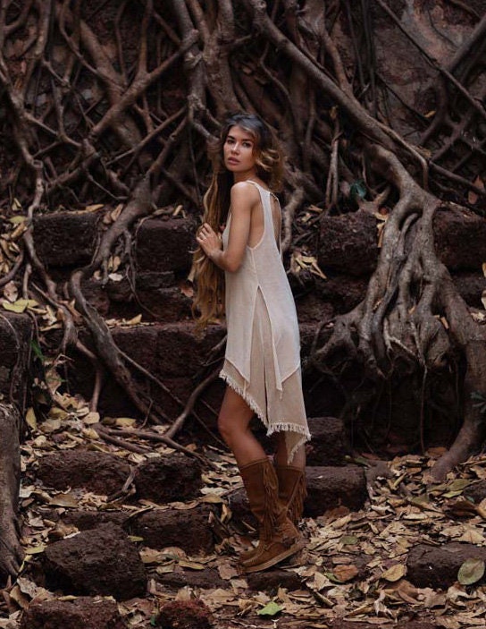 IDUNN asymmetrical, fringed net dress~jute/cotton SAND