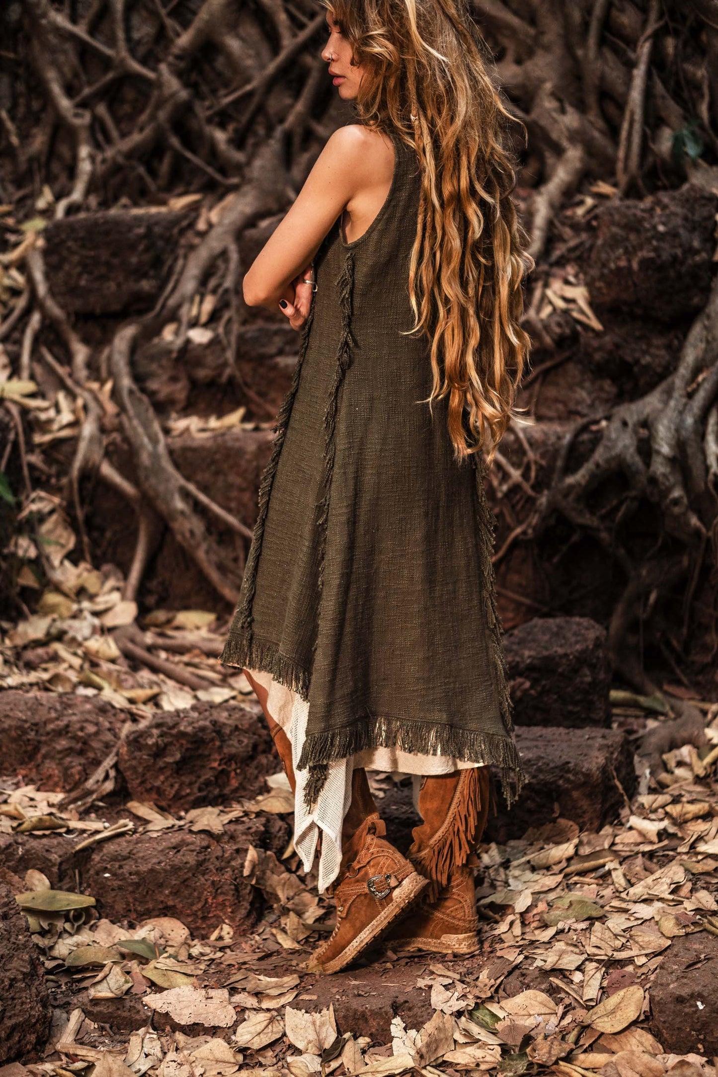 Long Boho Vest, Sleeveless long vest, Cotton linen vest, Long fringed Vest, Olive Green, Long duster vest,  LLAGATHA  OLIVE