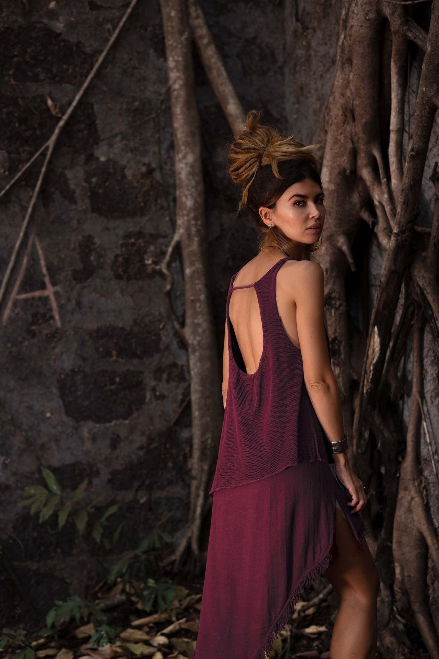 IDUNN Raw cotton net asymmetrical dress~Sula red