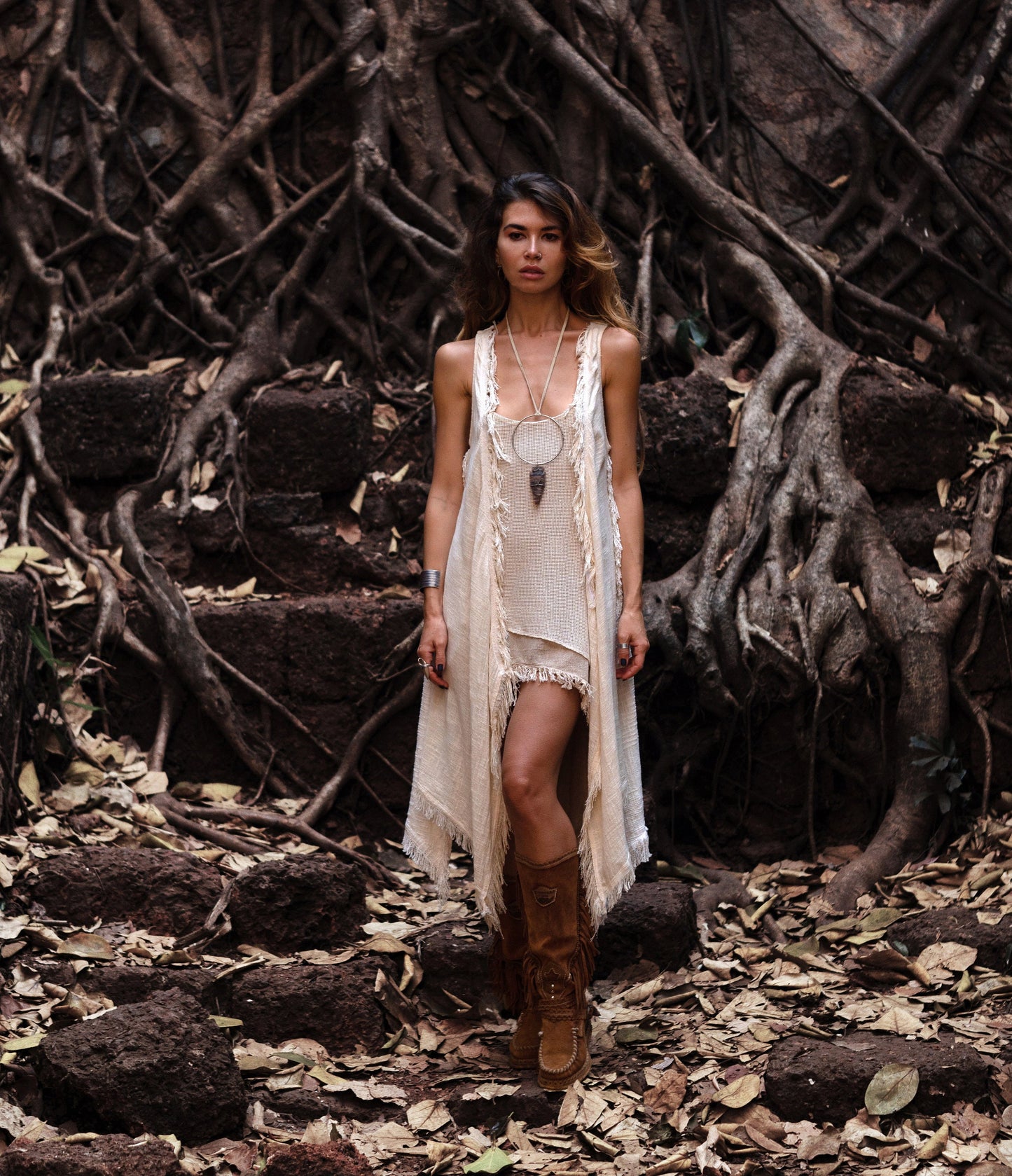 IDUNN asymmetrical, fringed net dress~jute/cotton SAND