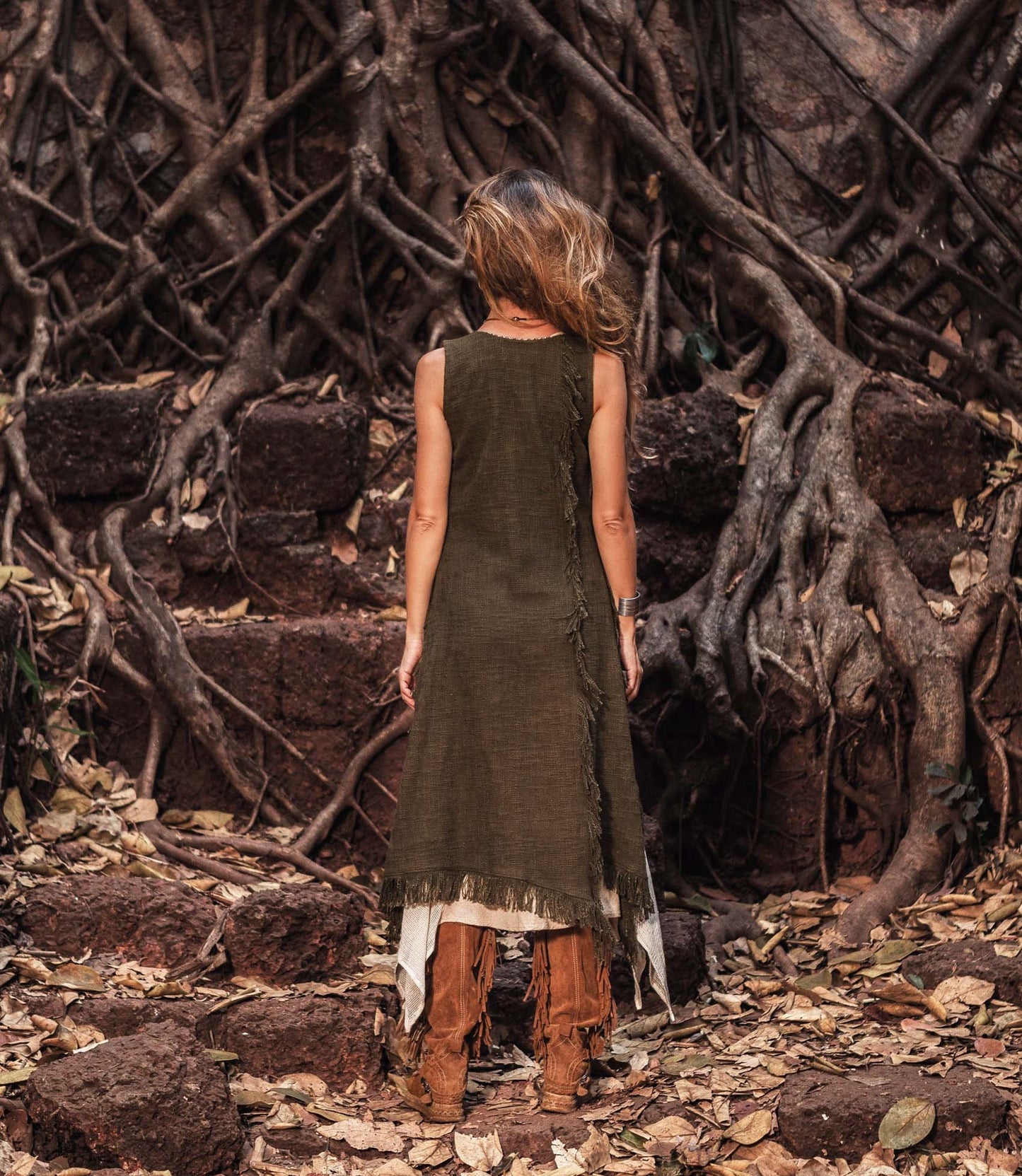 Long Boho Vest, Sleeveless long vest, Cotton linen vest, Long fringed Vest, Olive Green, Long duster vest,  LLAGATHA  OLIVE