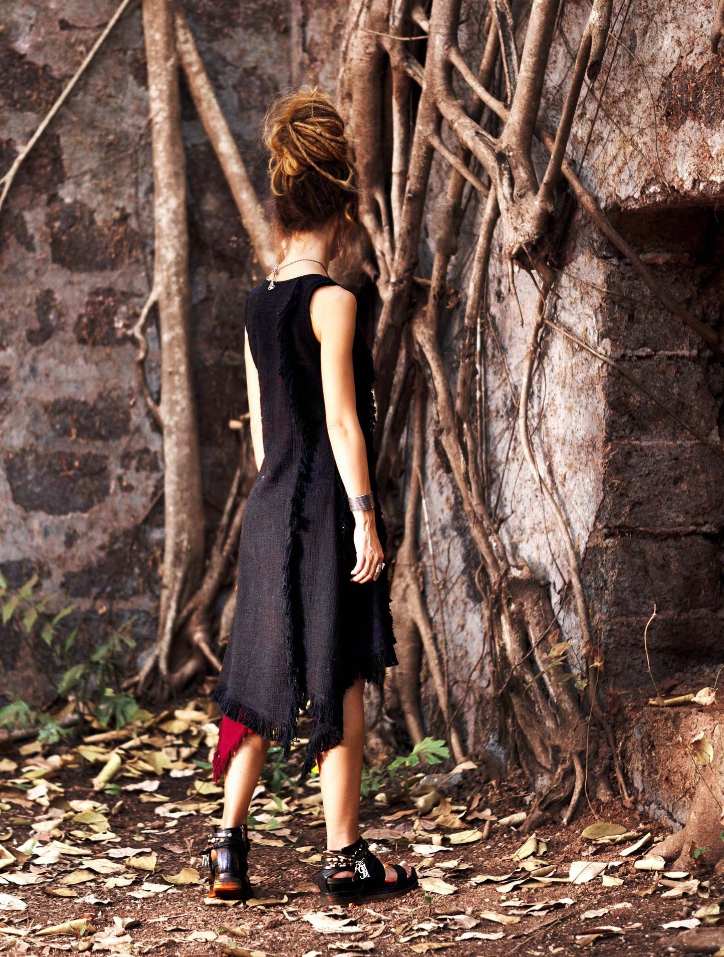 Long Boho Vest, Sleeveless long vest, Long linen vest, Long fringed Vest, Black Long duster vest,  LLAGATHA  EBONY