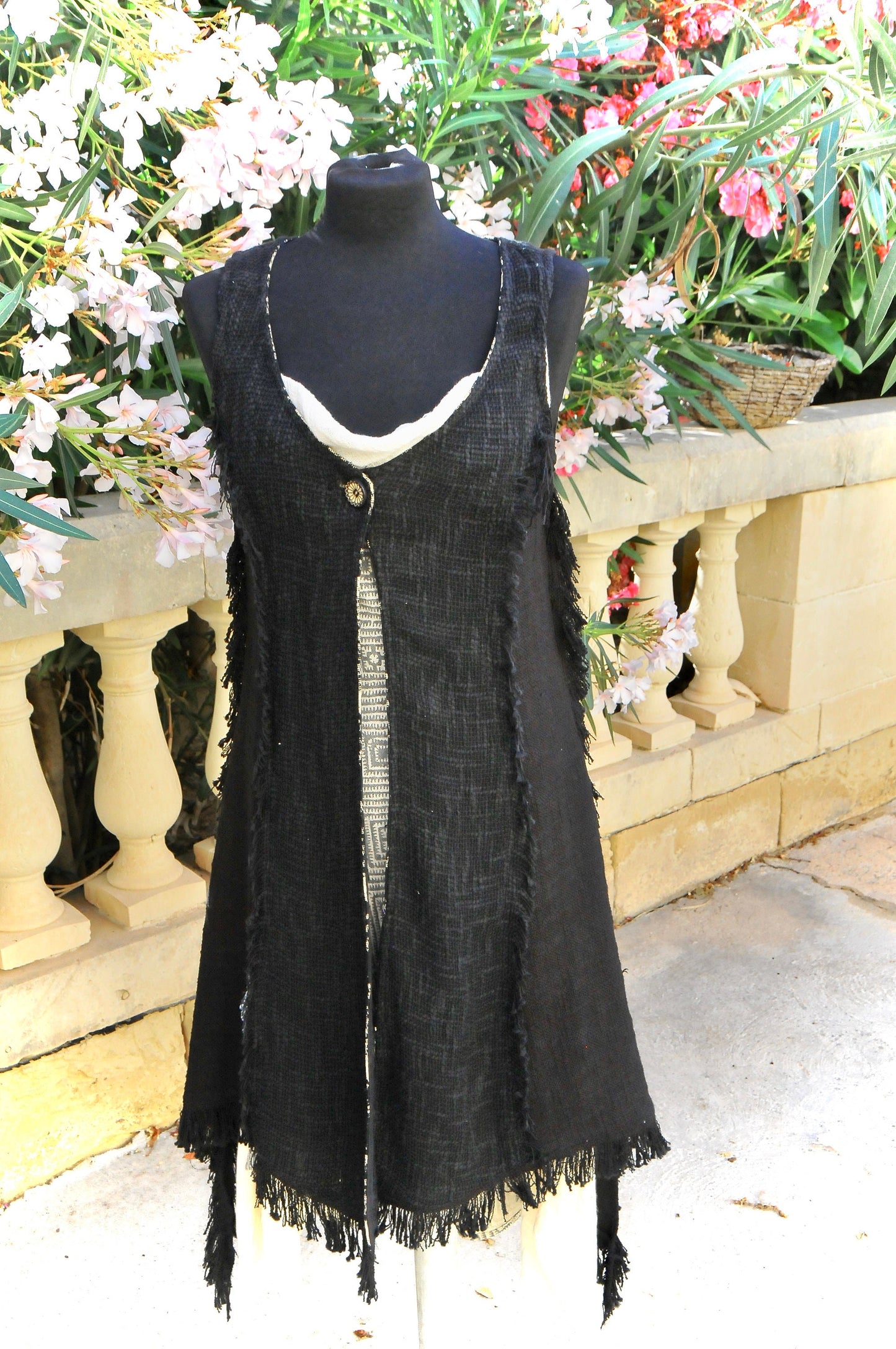 Long Boho Vest, Sleeveless long vest, Long linen vest, Long fringed Vest, Black Long duster vest,  LLAGATHA  EBONY