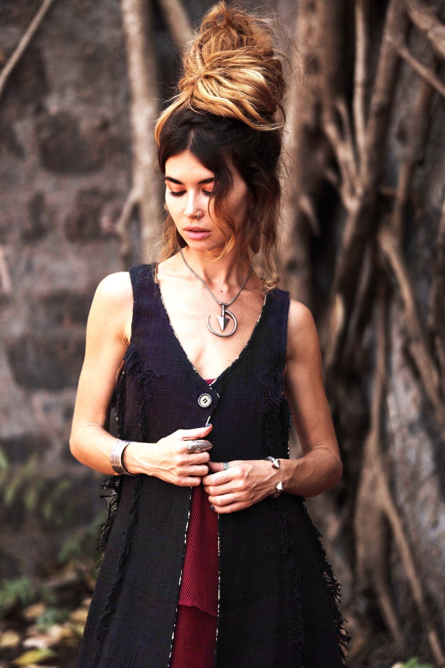 Long Boho Vest, Sleeveless long vest, Long linen vest, Long fringed Vest, Black Long duster vest,  LLAGATHA  EBONY