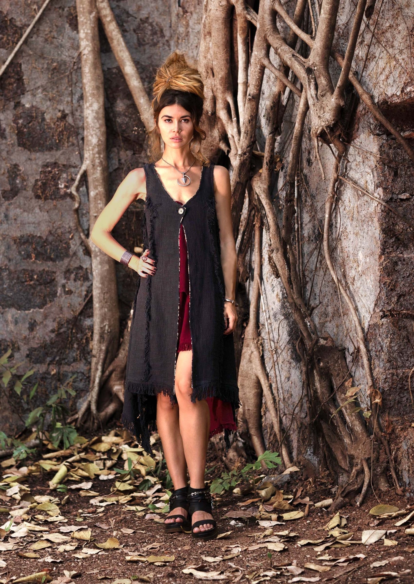 Long Boho Vest, Sleeveless long vest, Long linen vest, Long fringed Vest, Black Long duster vest,  LLAGATHA  EBONY