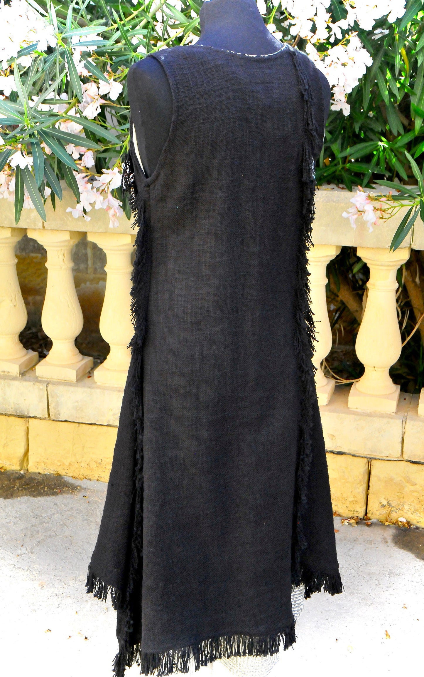 Long Boho Vest, Sleeveless long vest, Long linen vest, Long fringed Vest, Black Long duster vest,  LLAGATHA  EBONY