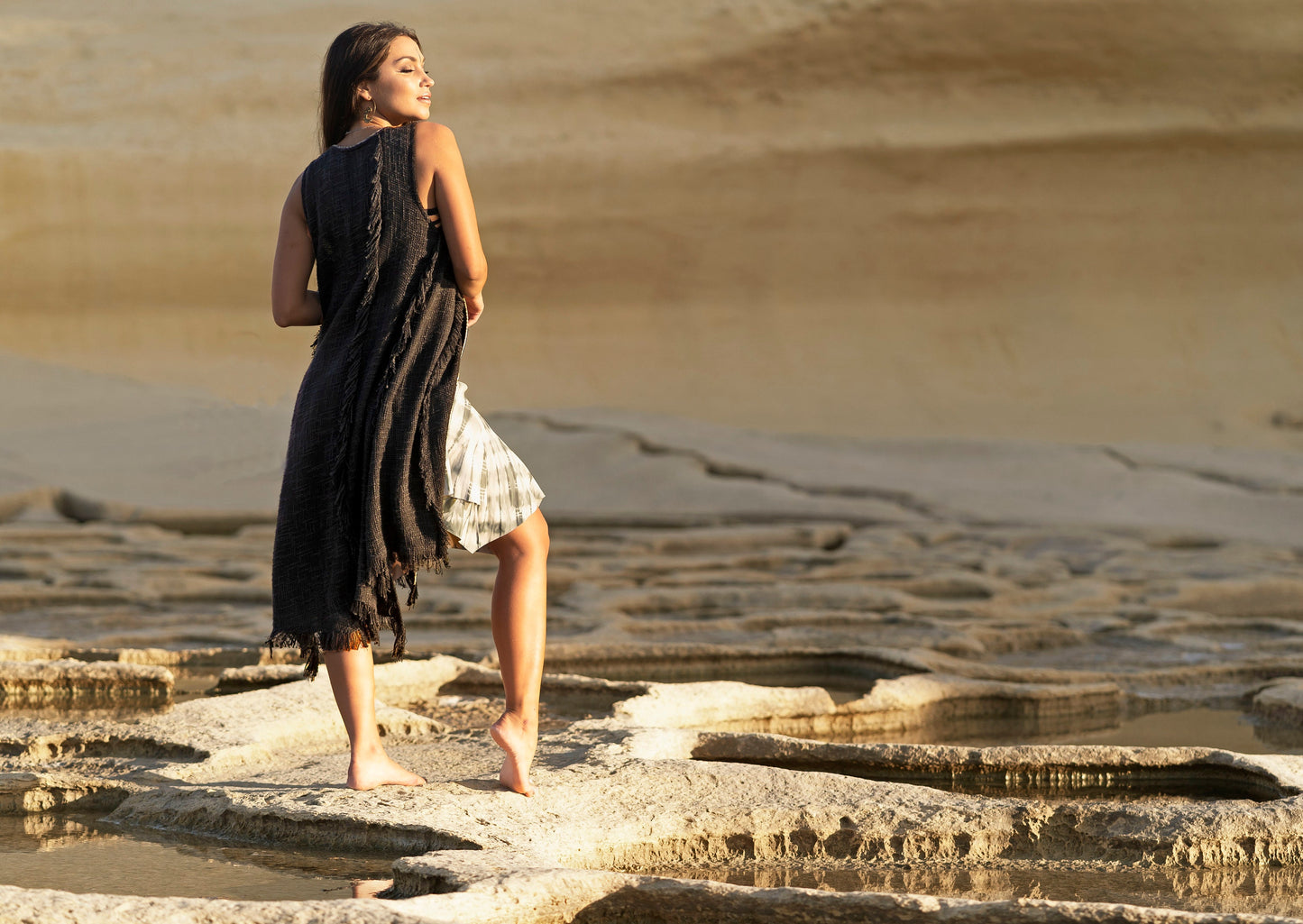 Long Boho Vest, Sleeveless long vest, Long linen vest, Long fringed Vest, Black Long duster vest,  LLAGATHA  EBONY