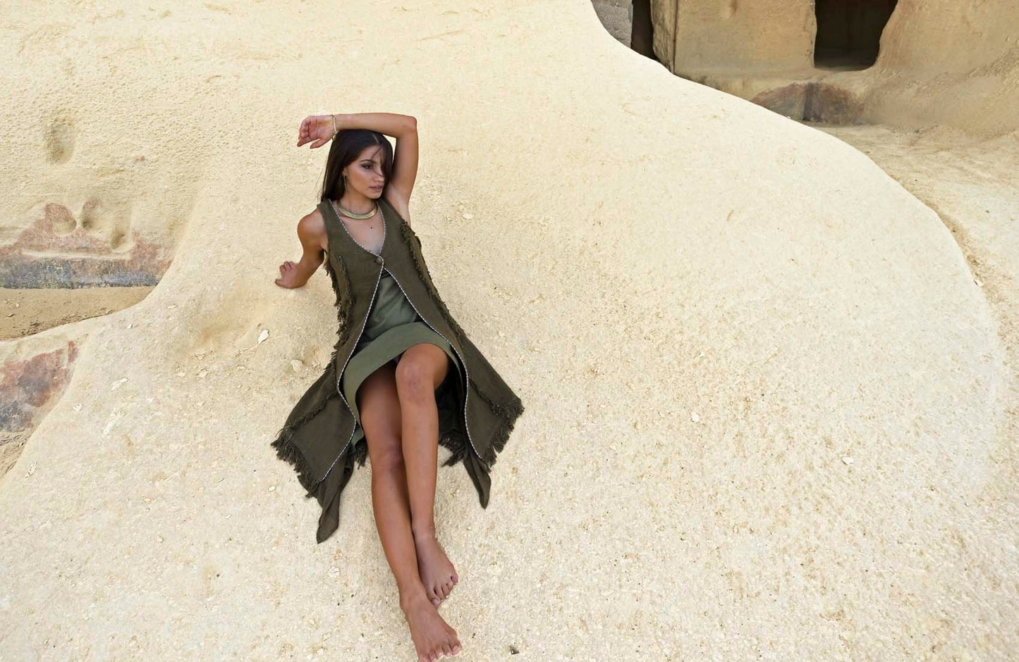 Long Boho Vest, Sleeveless long vest, Cotton linen vest, Long fringed Vest, Olive Green, Long duster vest,  LLAGATHA  OLIVE