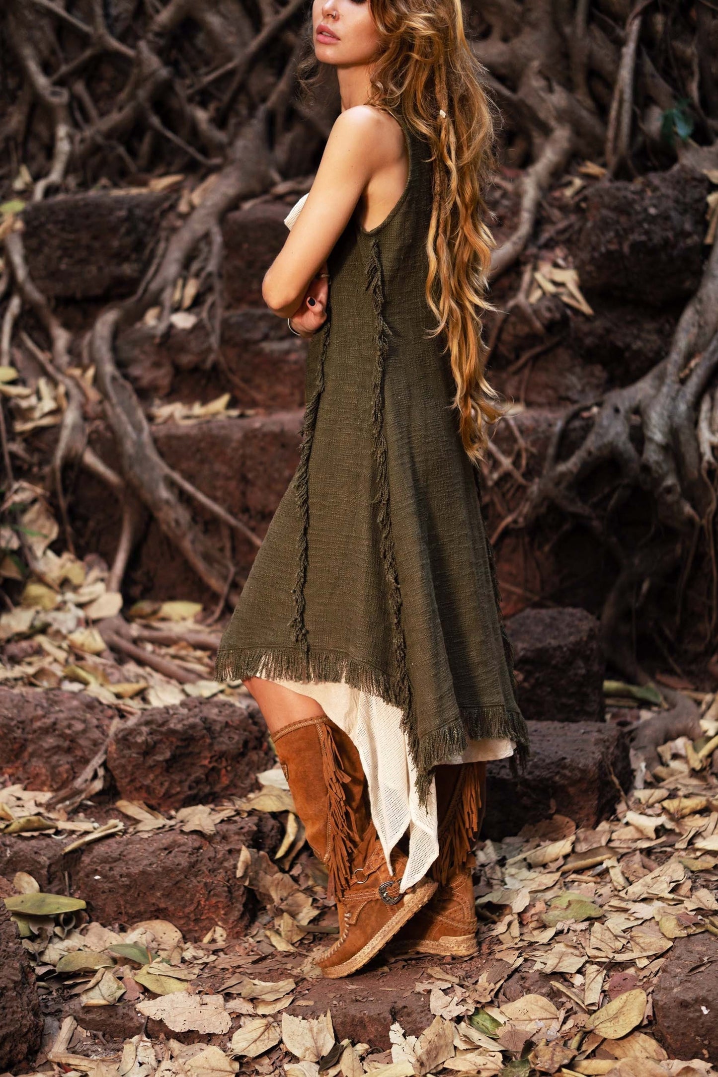 Long Boho Vest, Sleeveless long vest, Cotton linen vest, Long fringed Vest, Olive Green, Long duster vest,  LLAGATHA  OLIVE