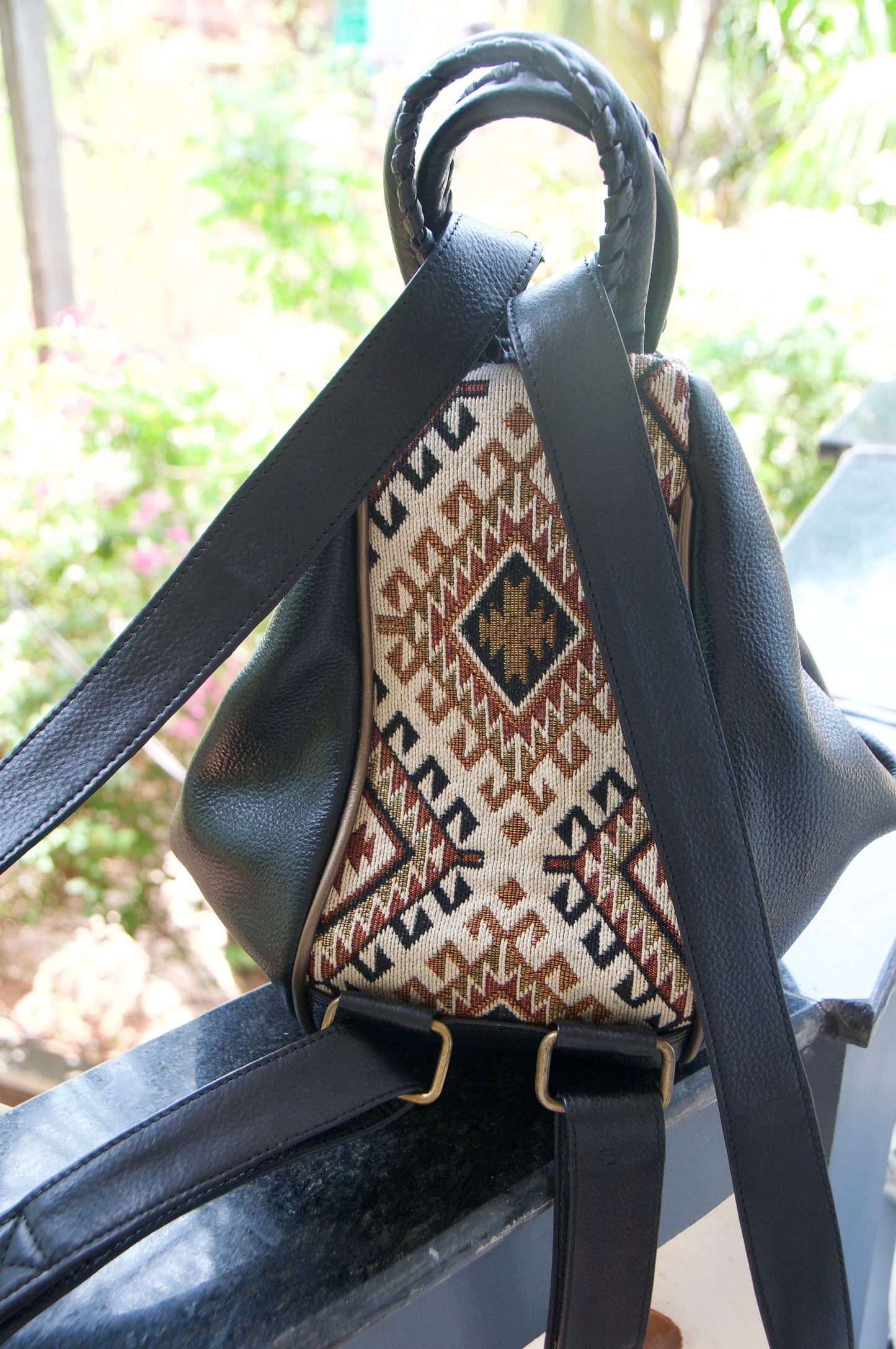 MANDREM leather embroidered two in one backpack/crossbody bag~BLACK VELVET