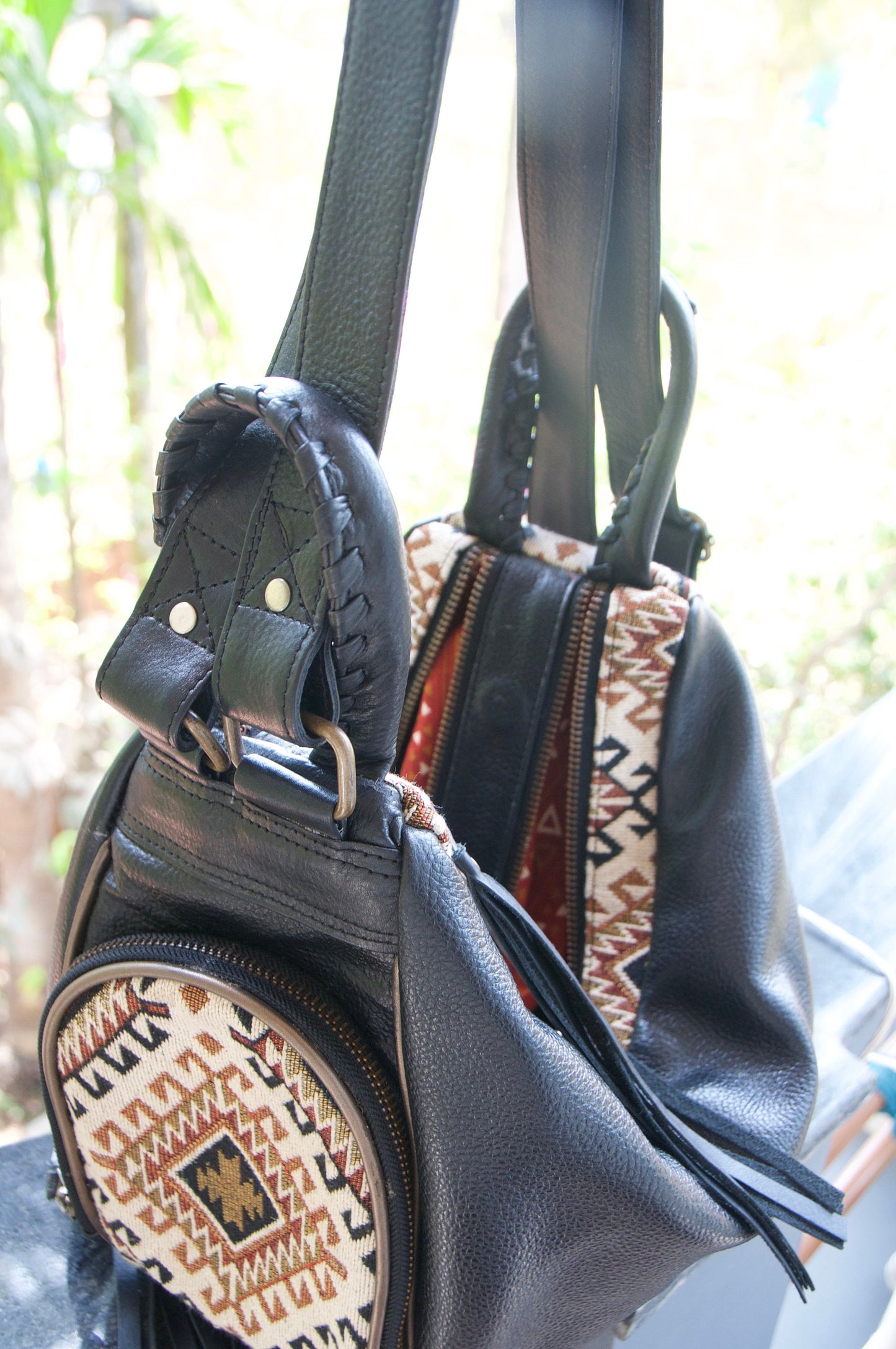 MANDREM leather embroidered two in one backpack/crossbody bag~BLACK VELVET