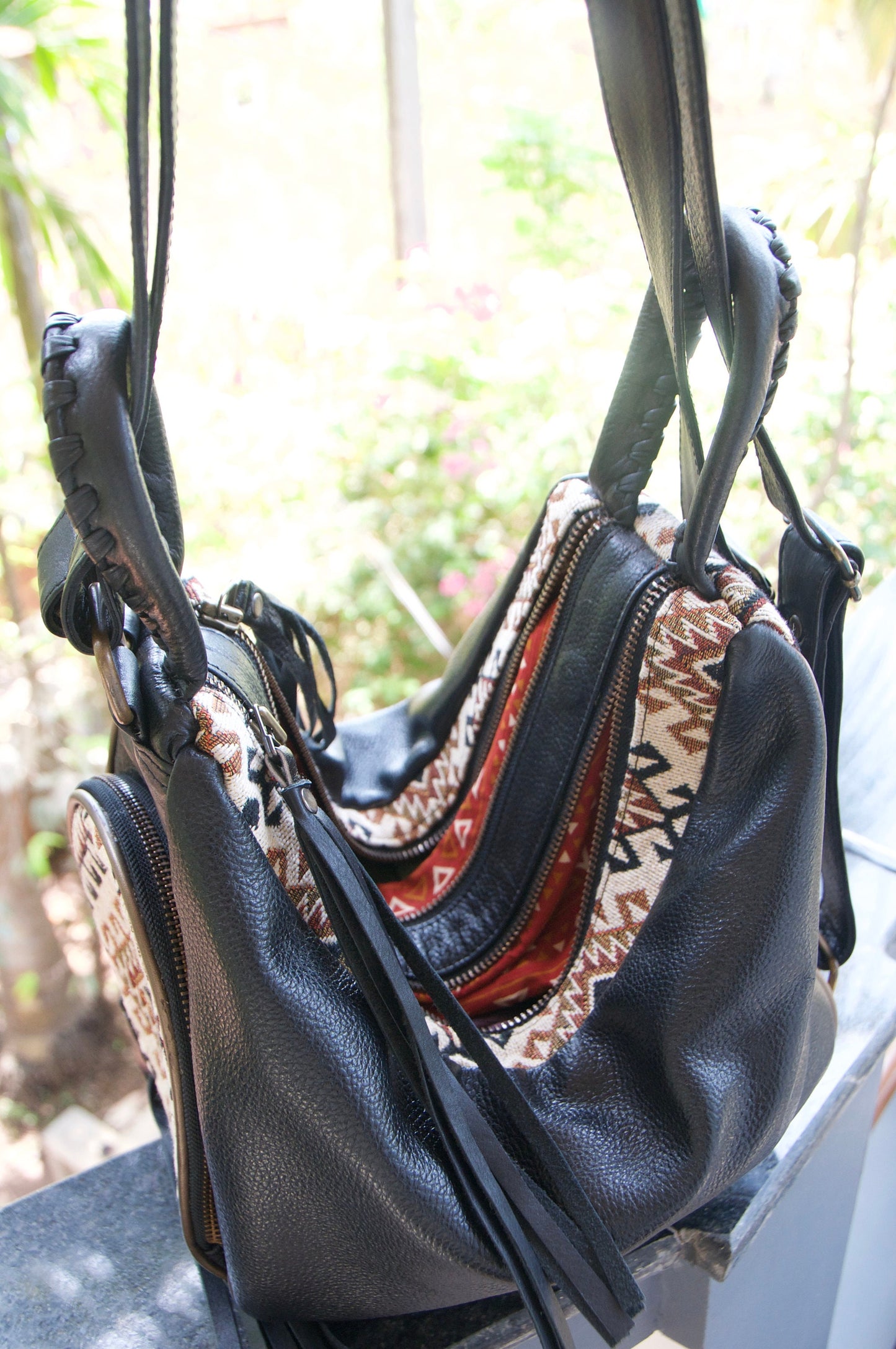 MANDREM leather embroidered two in one backpack/crossbody bag~BLACK VELVET