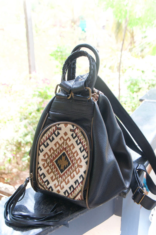 MANDREM leather embroidered two in one backpack/crossbody bag~BLACK VELVET