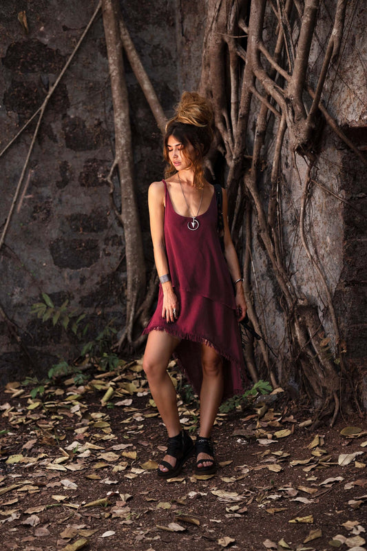 IDUNN Raw cotton net asymmetrical dress~Sula red