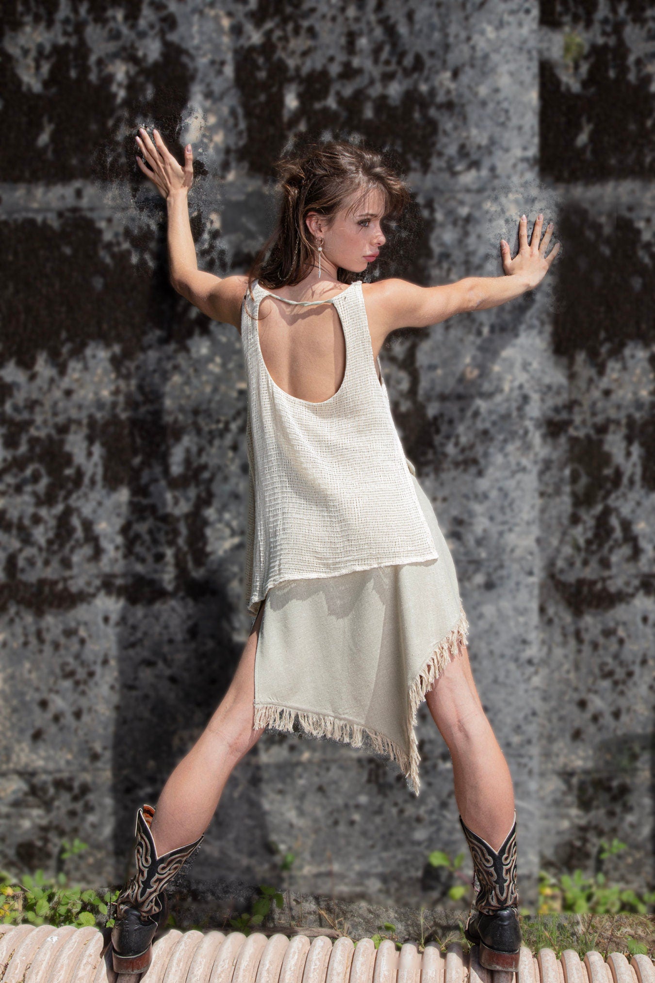 IDUNN Raw silk and cotton net dress~Pistachio