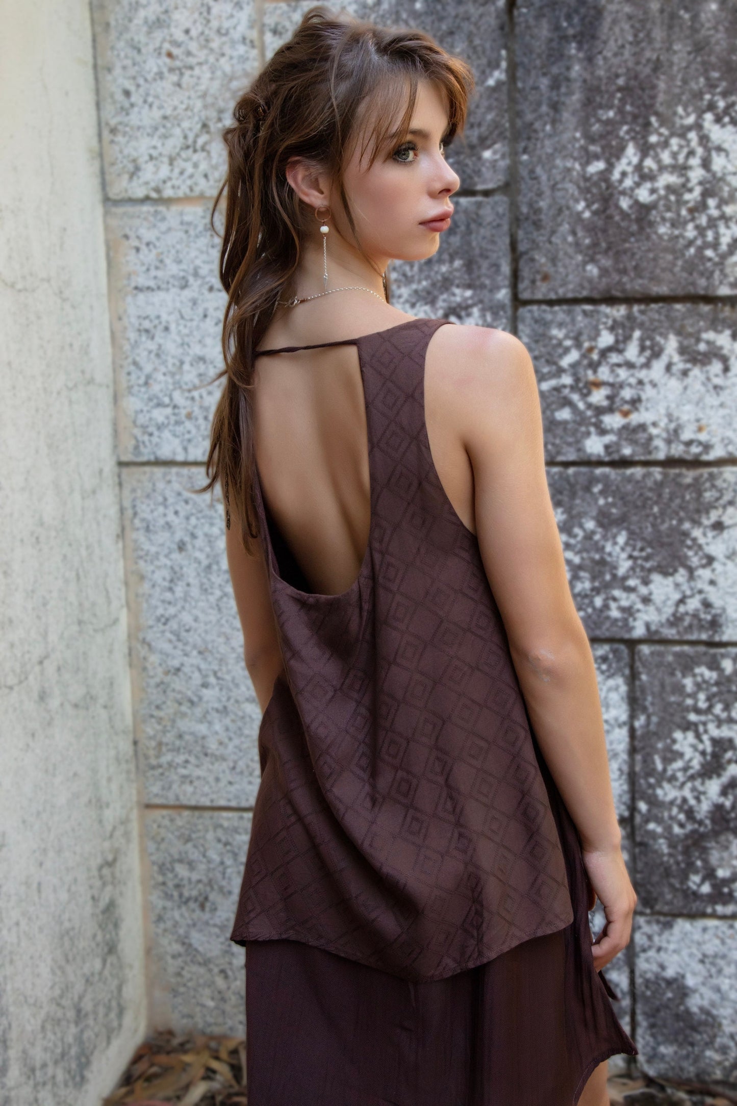 IDUNN asymmetrical dress~ÃLOE VERA/SOYA vegan silk-Mocha Flame