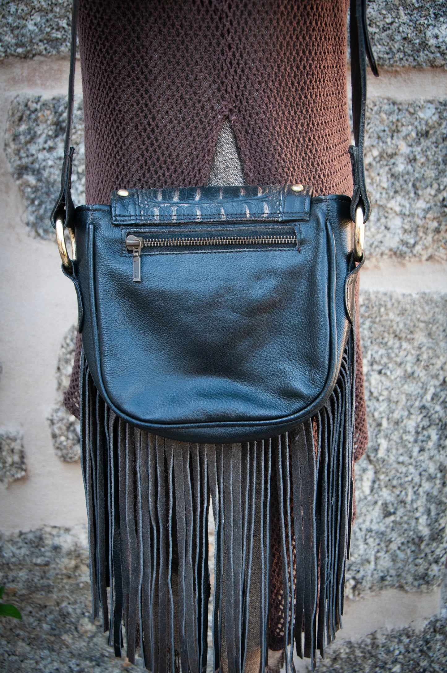 AMARA leather hip and shoulder bag/purse~BLACK CROCO