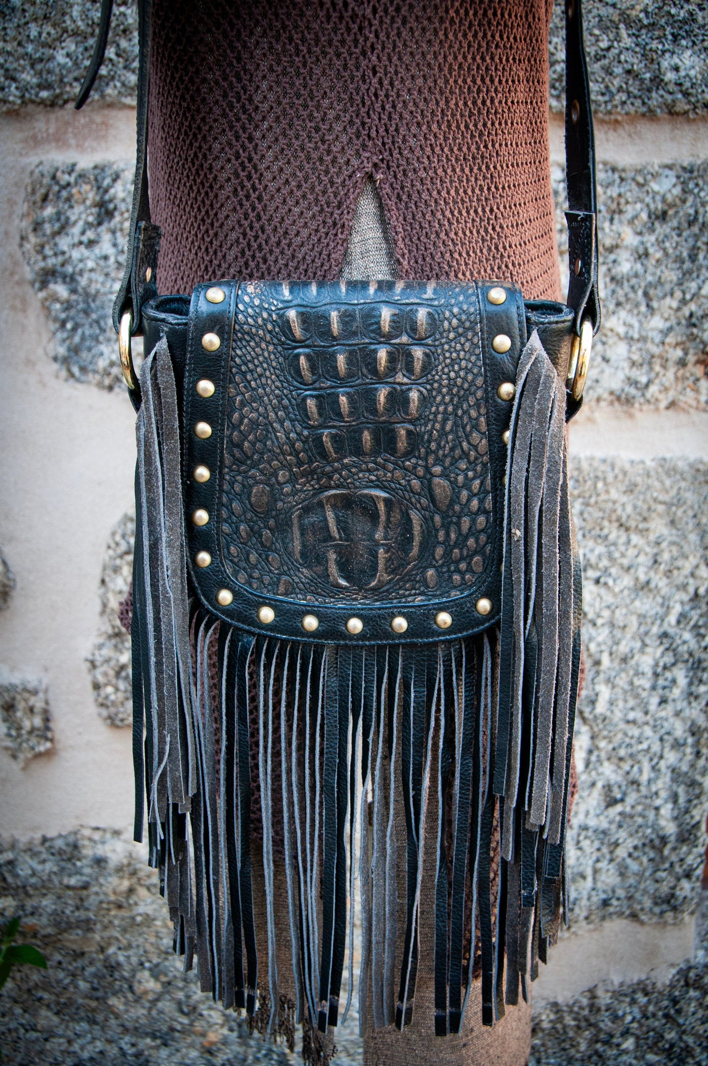 AMARA leather hip and shoulder bag/purse~BLACK CROCO