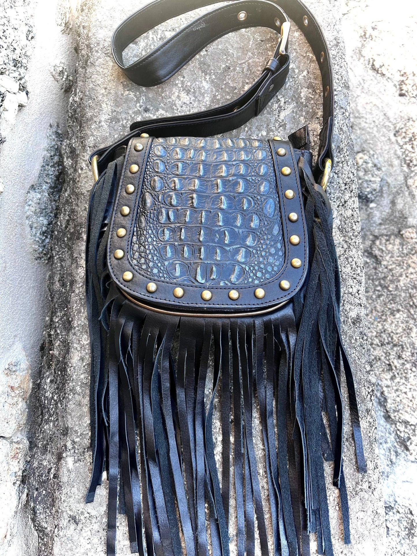 AMARA leather hip and shoulder bag/purse~BLACK CROCO