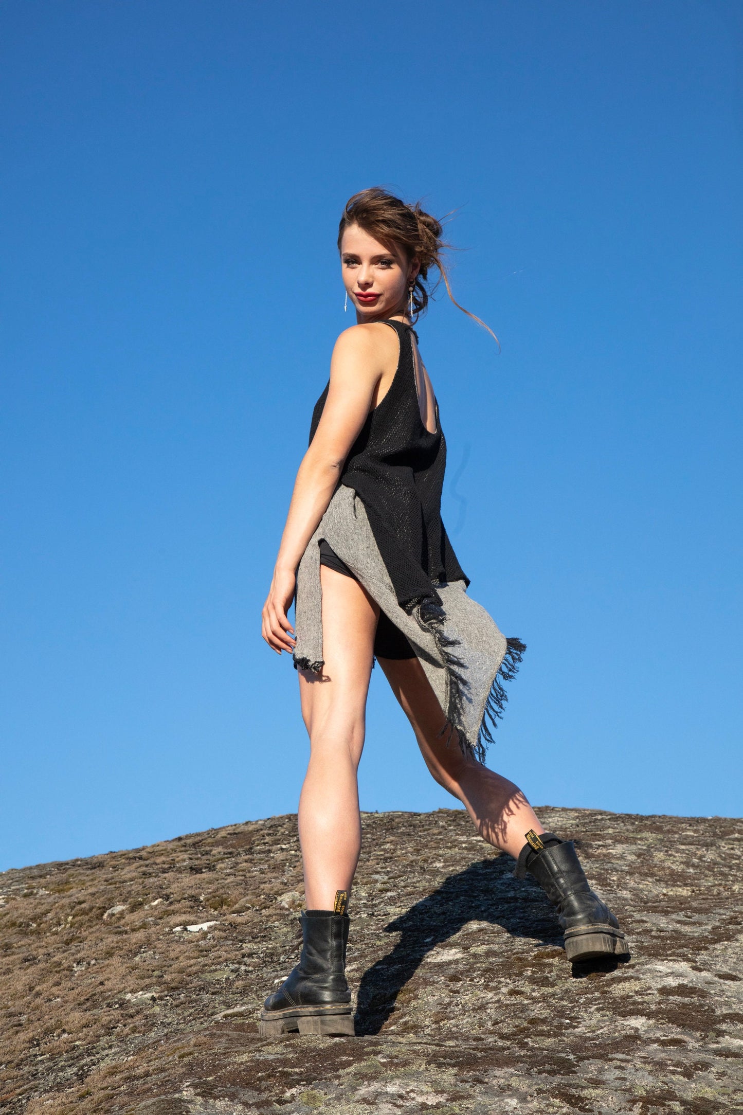 IDUNN Jute and cotton net asymmetrical dress~SMOKE