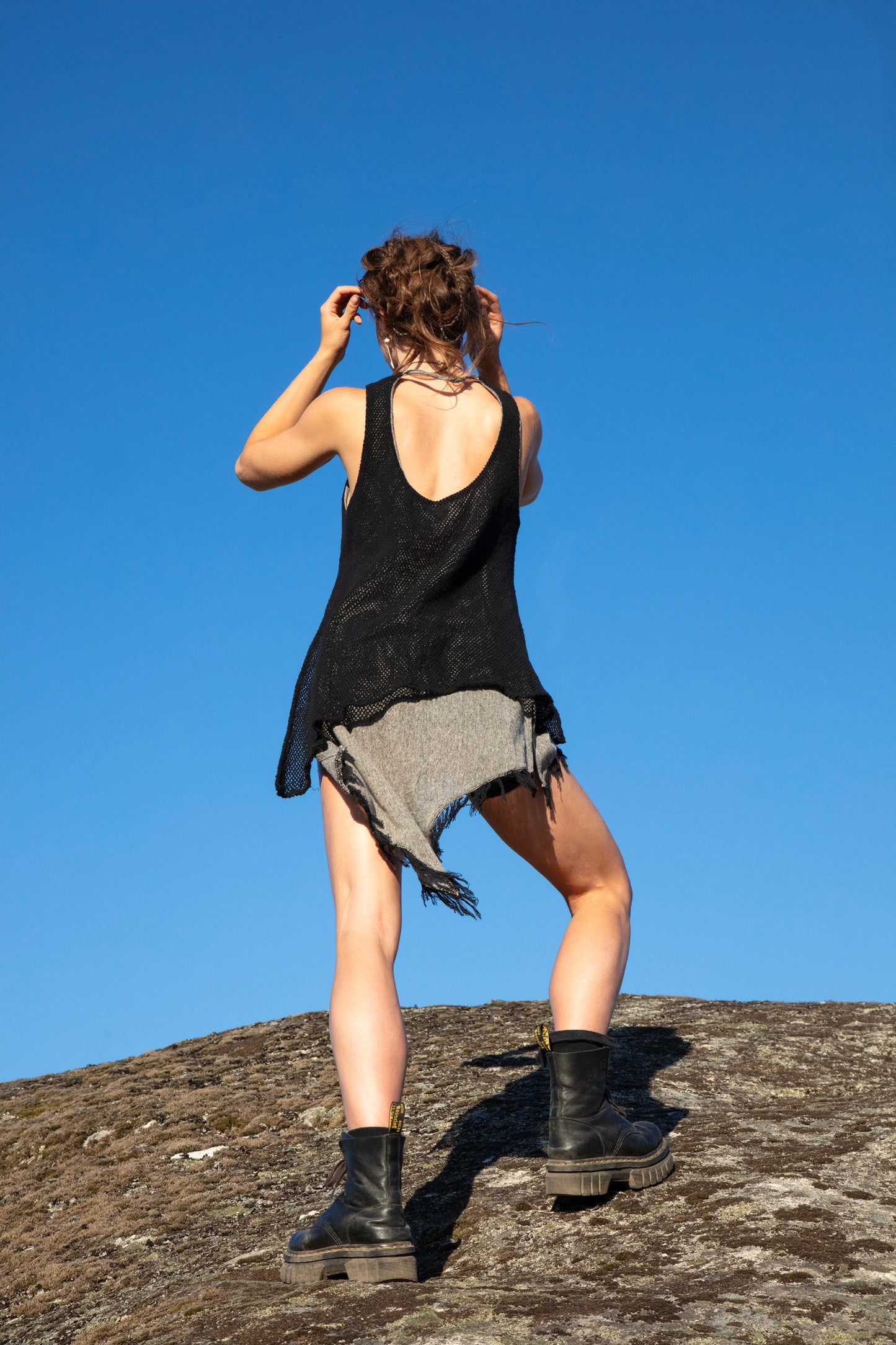 IDUNN Jute and cotton net asymmetrical dress~SMOKE