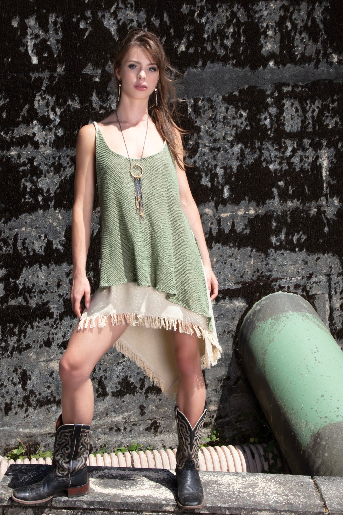 IDUNN raw silk and cotton net dress~Pistachio Sage