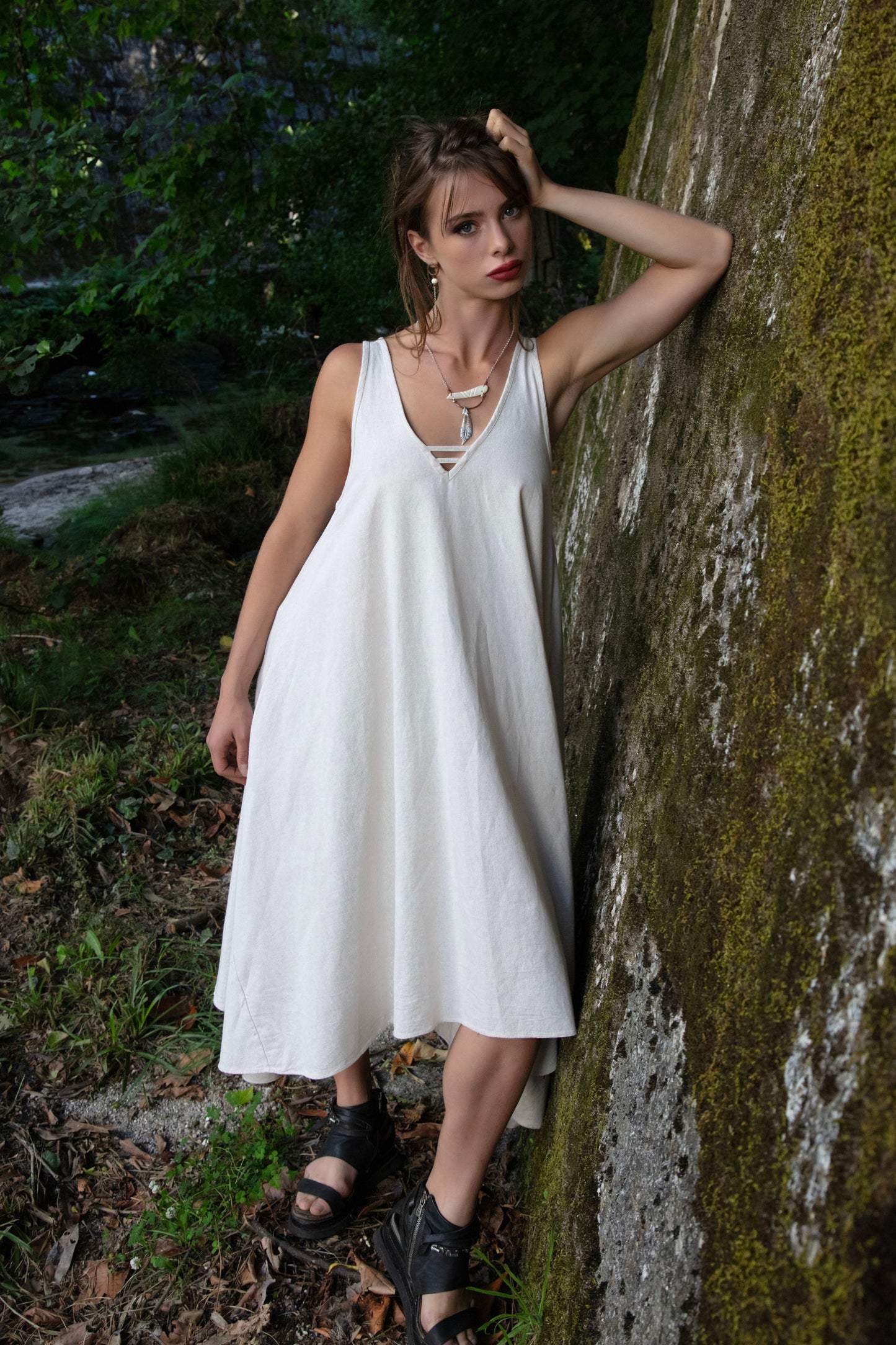 SARASWATI jute linen boho dress~IVORY