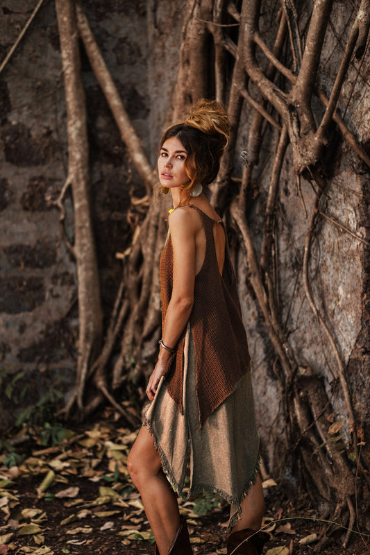 IDUNN Raw silk and cotton net asymmetrical dress~Cappuccino