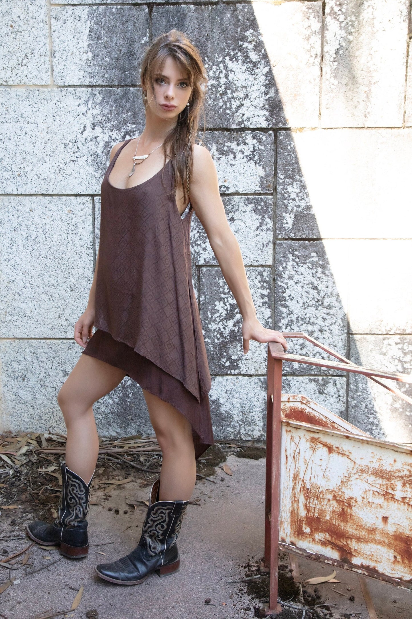 IDUNN asymmetrical dress~ÃLOE VERA/SOYA vegan silk-Mocha Flame