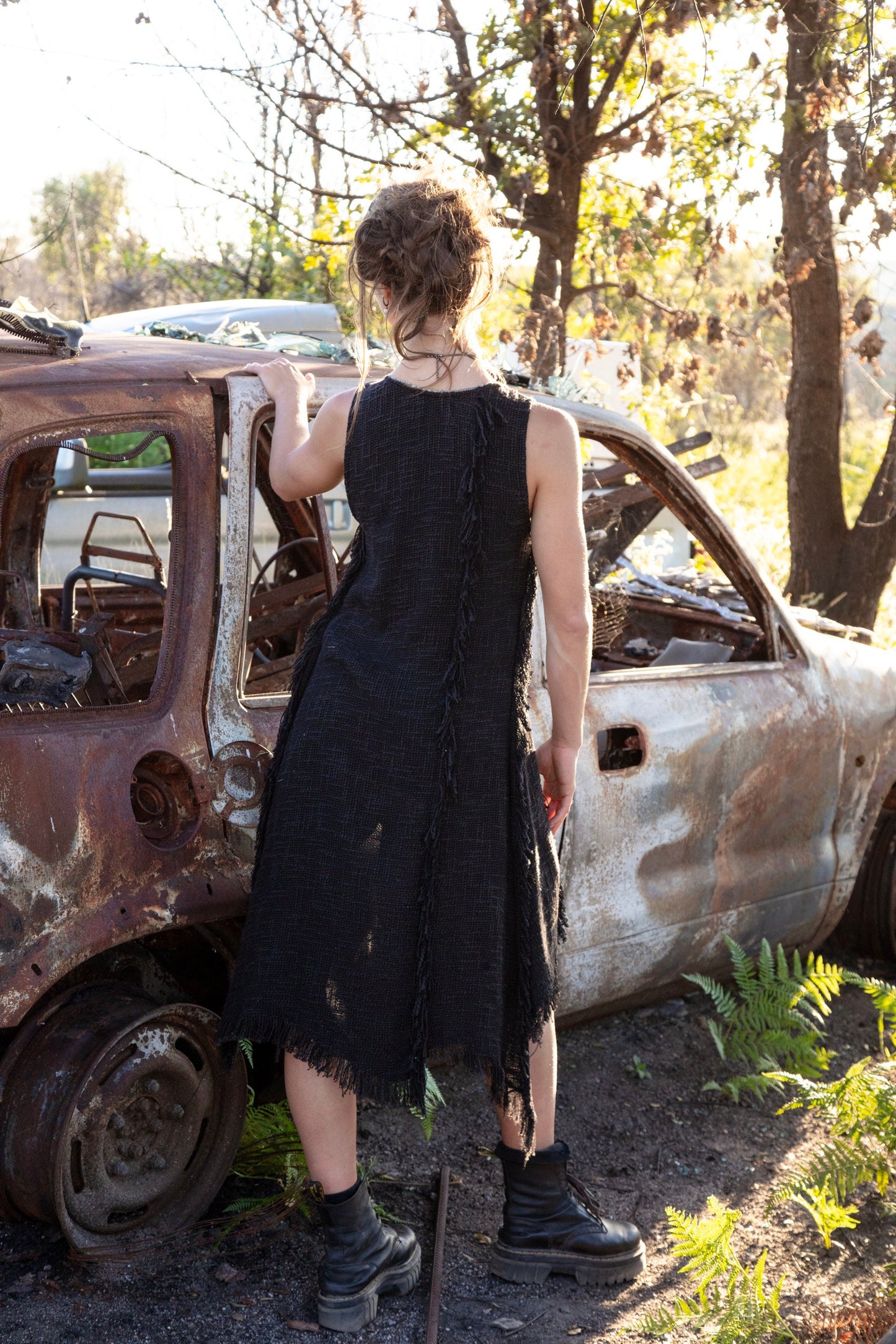 Long Boho Vest, Sleeveless long vest, Long linen vest, Long fringed Vest, Black Long duster vest,  LLAGATHA  EBONY