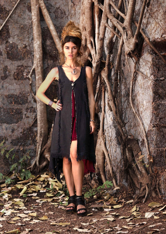 Llagatha long cotton fringed vest~EBONY