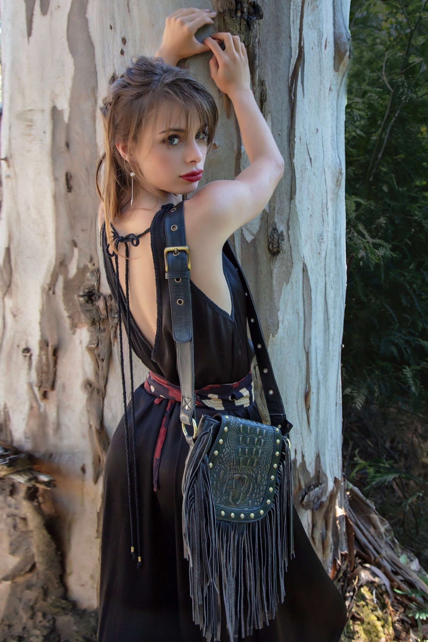 AMARA leather hip and shoulder bag/purse~BLACK CROCO