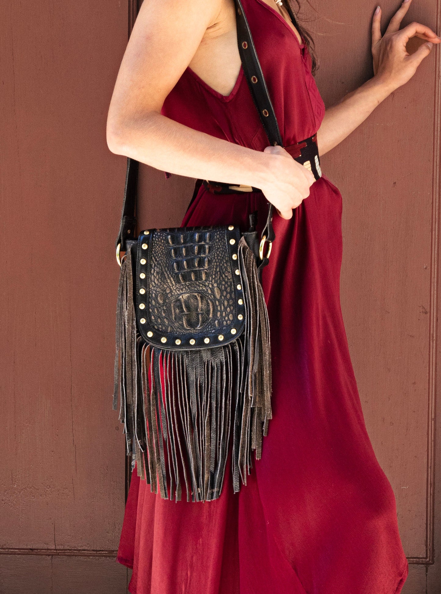 AMARA leather hip and shoulder bag/purse~BLACK CROCO