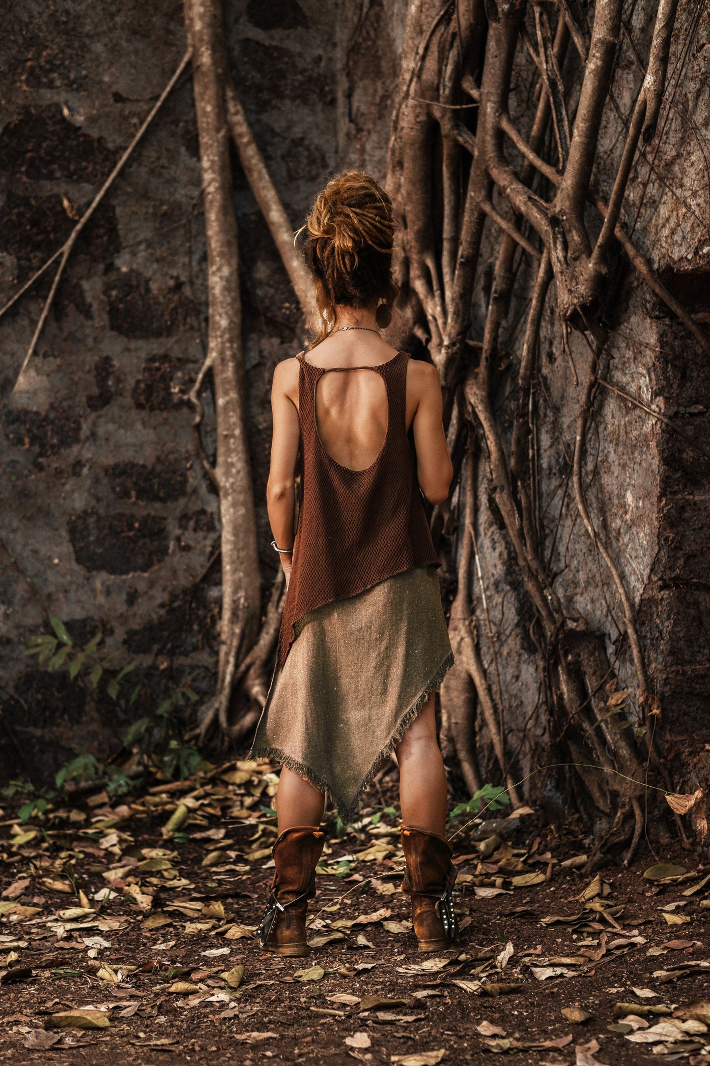 IDUNN Raw silk and cotton net asymmetrical dress~Cappuccino