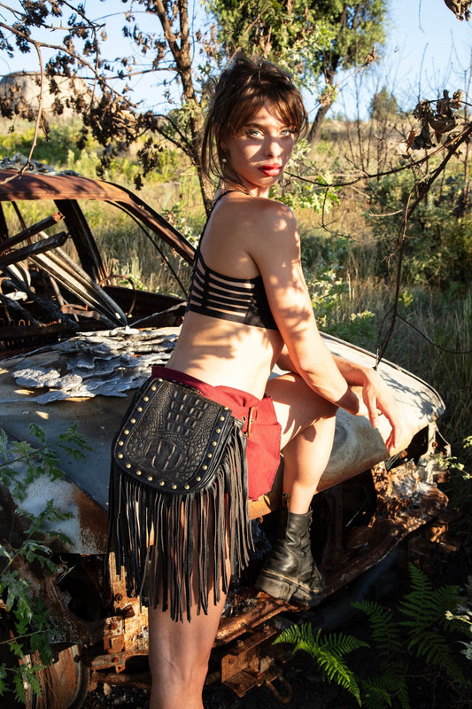 AMARA leather hip and shoulder bag/purse~BLACK CROCO