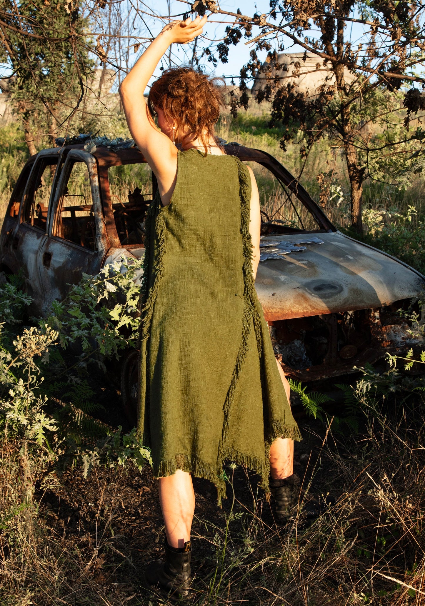 Long Boho Vest, Sleeveless long vest, Cotton linen vest, Long fringed Vest, Olive Green, Long duster vest,  LLAGATHA  OLIVE