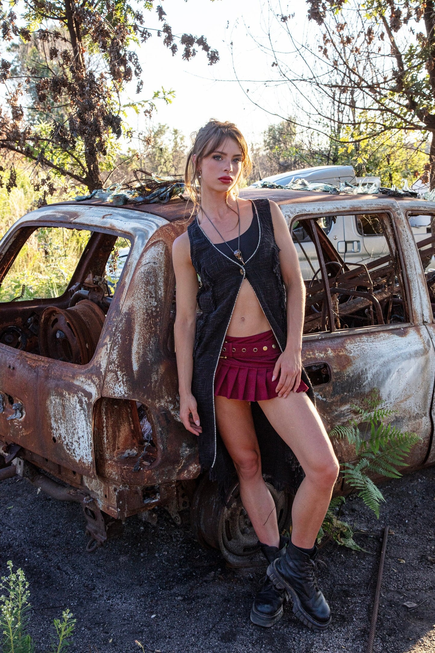 Llagatha long cotton fringed vest~EBONY