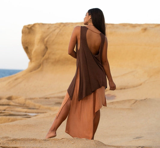 IDUNN Organic bamboo asymmetrical dress~MOCHA/AMBER