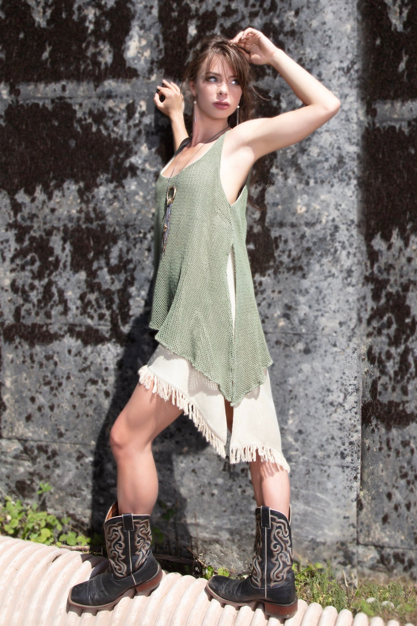 IDUNN raw silk and cotton net dress~Pistachio Sage