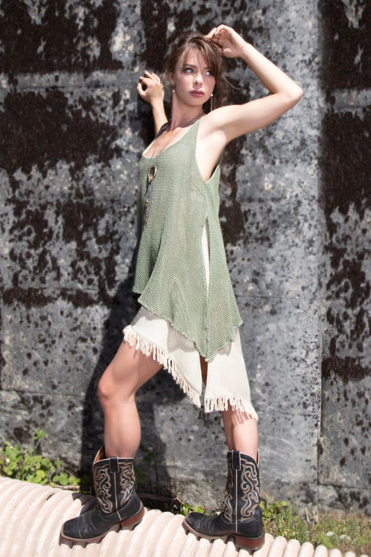 IDUNN raw silk and cotton net dress~Pistachio Sage