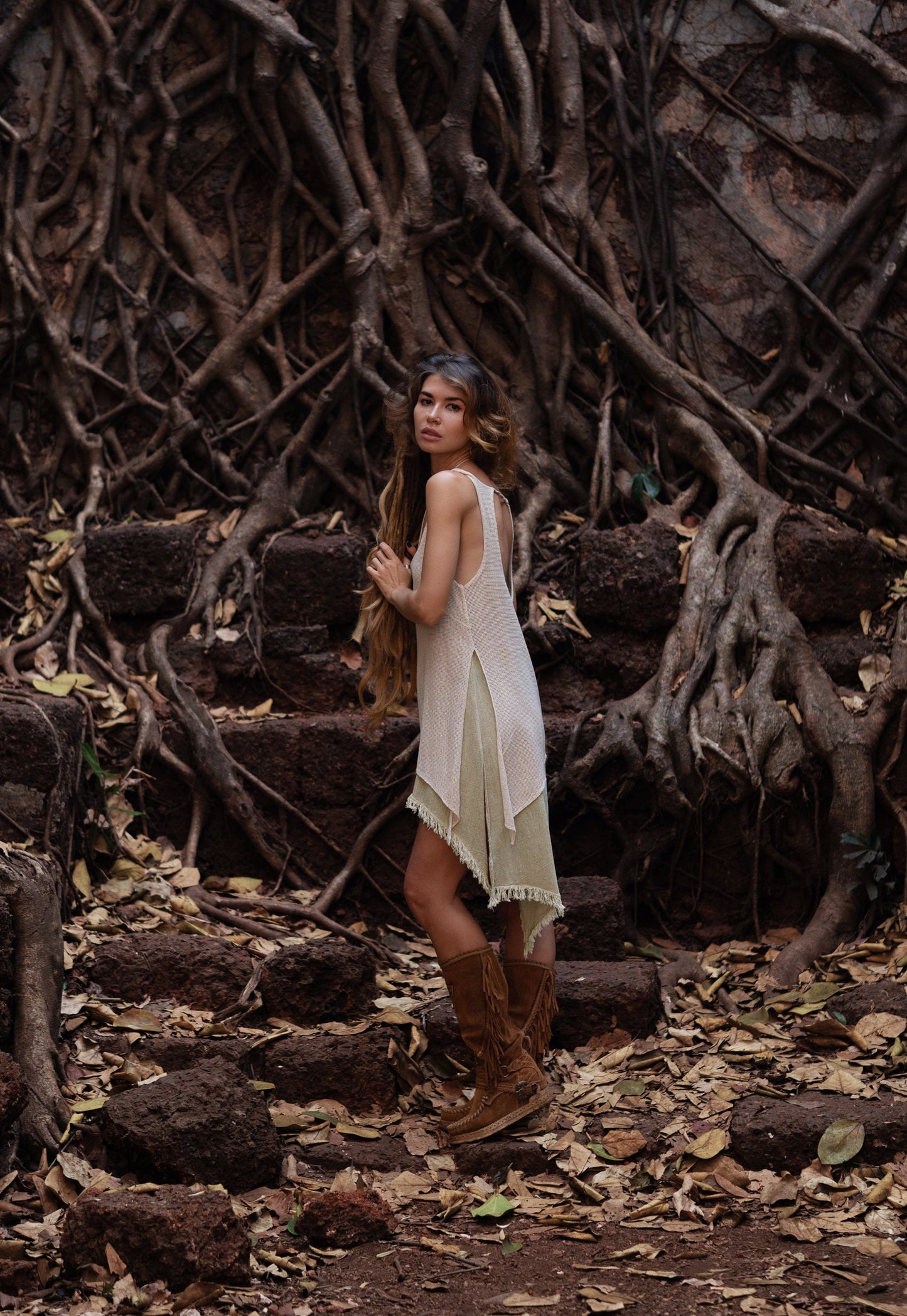 IDUNN Raw silk and cotton net dress~Pistachio