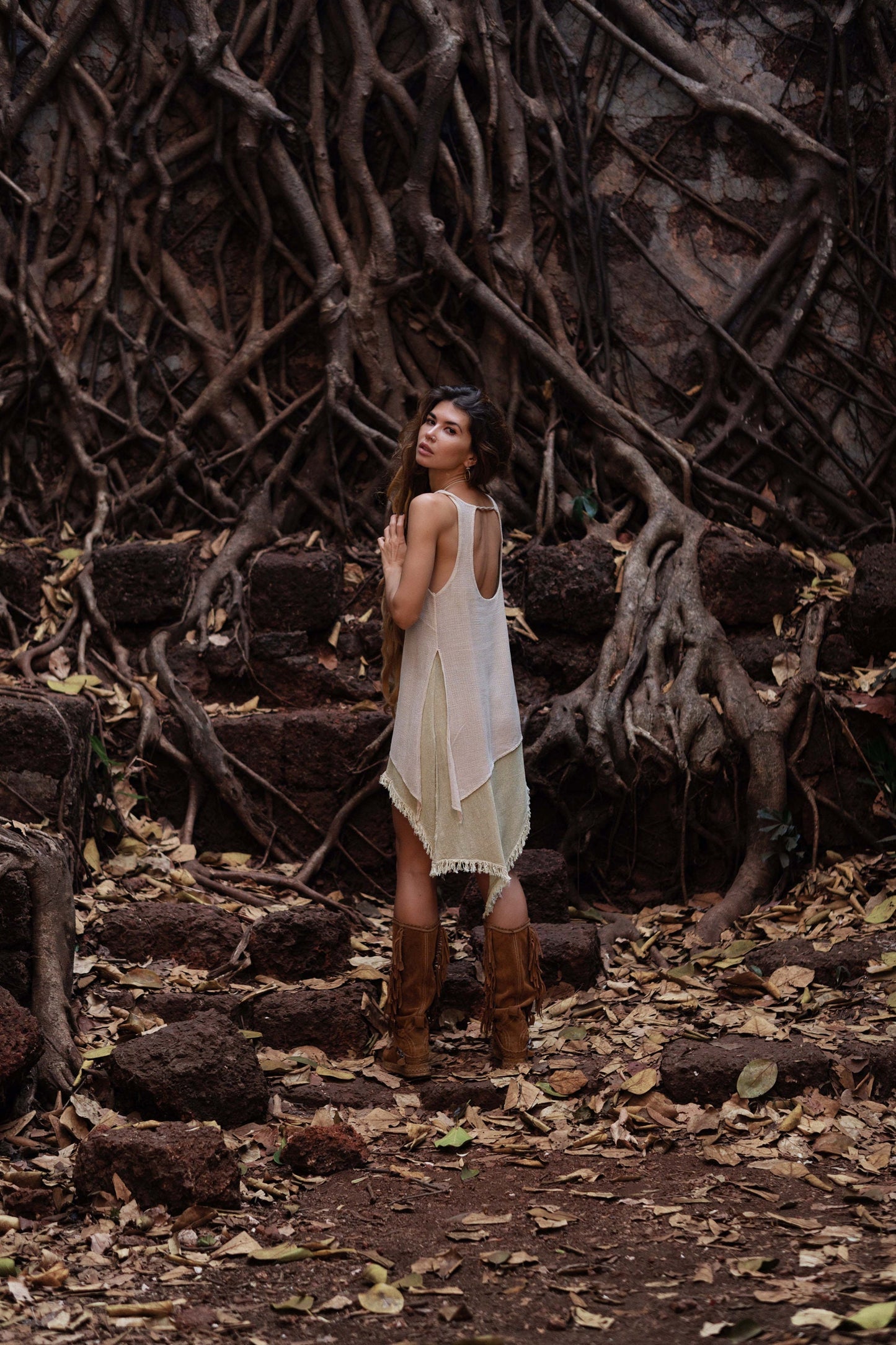 IDUNN Raw silk and cotton net dress~Pistachio